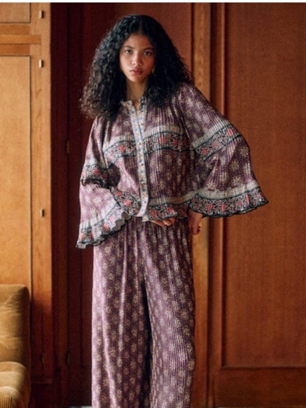 Sézane “Nelea” Bohemian Violet Floral Peasant Blouse - Picture 2 of 8